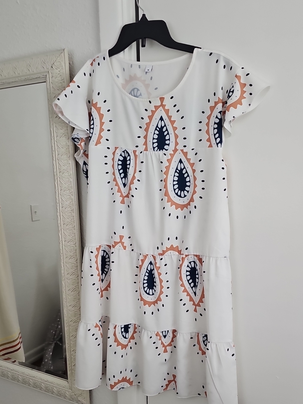 Women’s White Tiered Dress with Navy & Peach Medallion Print